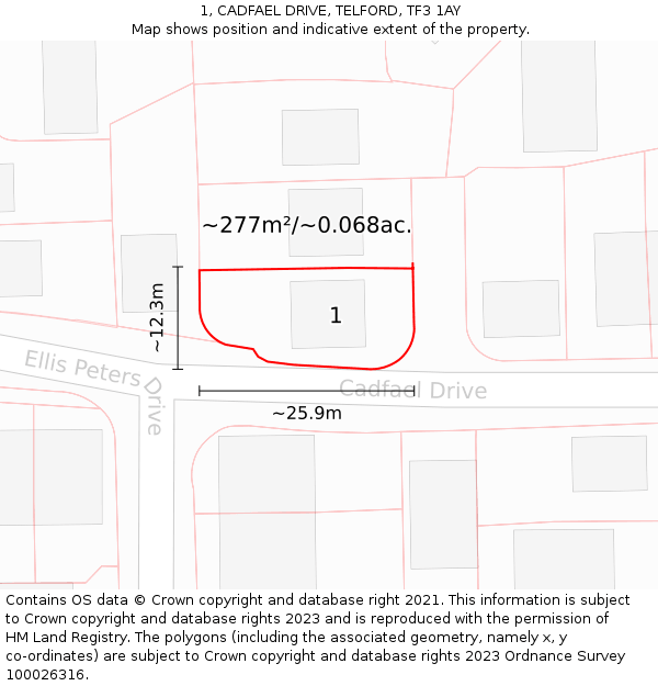 1, CADFAEL DRIVE, TELFORD, TF3 1AY: Plot and title map