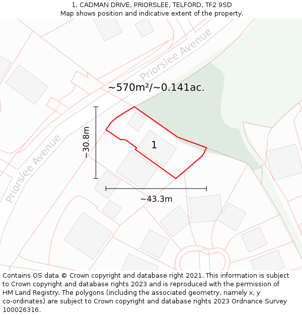 1, CADMAN DRIVE, PRIORSLEE, TELFORD, TF2 9SD: Plot and title map