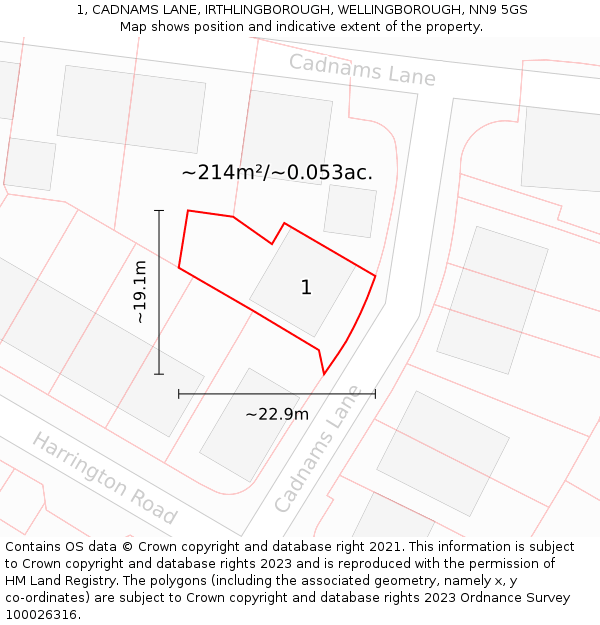 1, CADNAMS LANE, IRTHLINGBOROUGH, WELLINGBOROUGH, NN9 5GS: Plot and title map