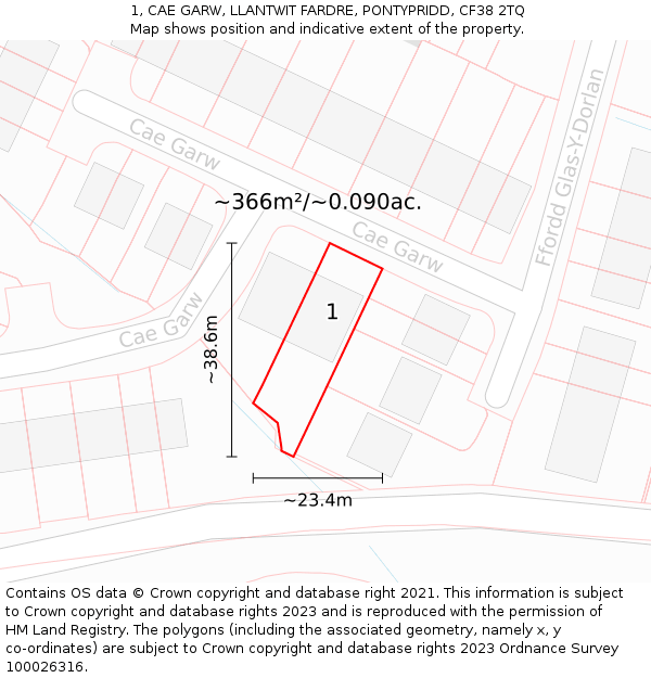 1, CAE GARW, LLANTWIT FARDRE, PONTYPRIDD, CF38 2TQ: Plot and title map