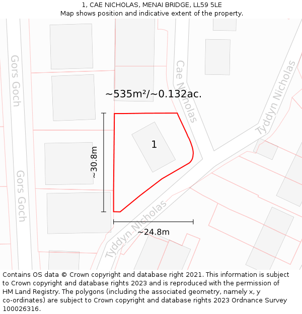 1, CAE NICHOLAS, MENAI BRIDGE, LL59 5LE: Plot and title map