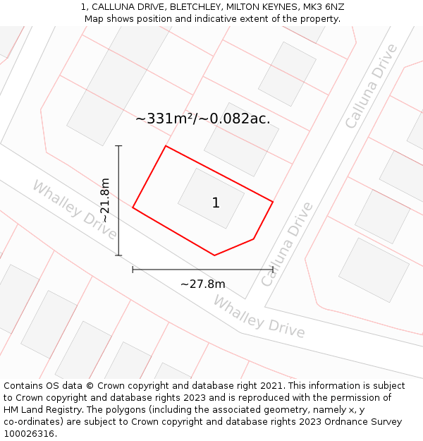 1, CALLUNA DRIVE, BLETCHLEY, MILTON KEYNES, MK3 6NZ: Plot and title map