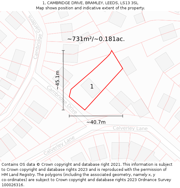 1, CAMBRIDGE DRIVE, BRAMLEY, LEEDS, LS13 3SL: Plot and title map