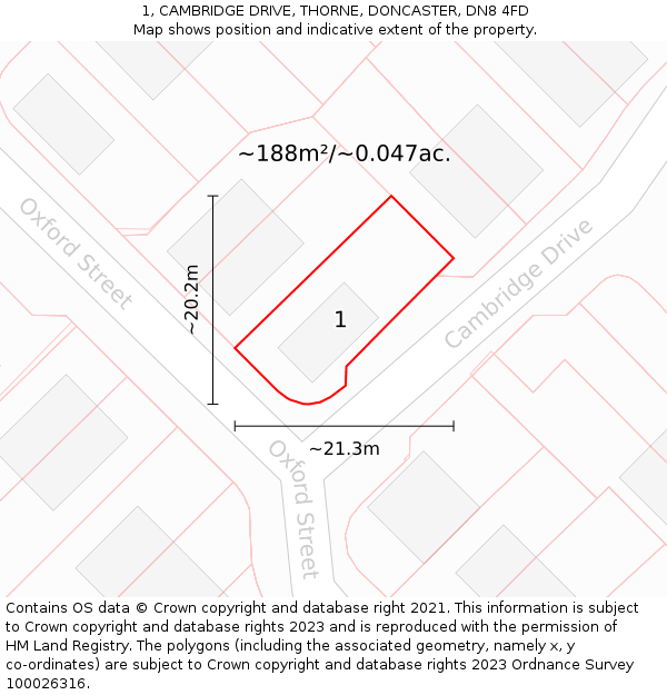 1, CAMBRIDGE DRIVE, THORNE, DONCASTER, DN8 4FD: Plot and title map