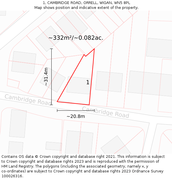 1, CAMBRIDGE ROAD, ORRELL, WIGAN, WN5 8PL: Plot and title map