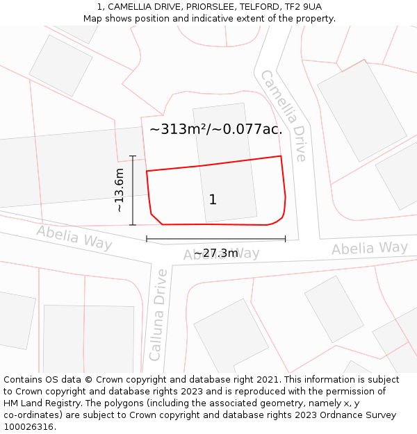 1, CAMELLIA DRIVE, PRIORSLEE, TELFORD, TF2 9UA: Plot and title map