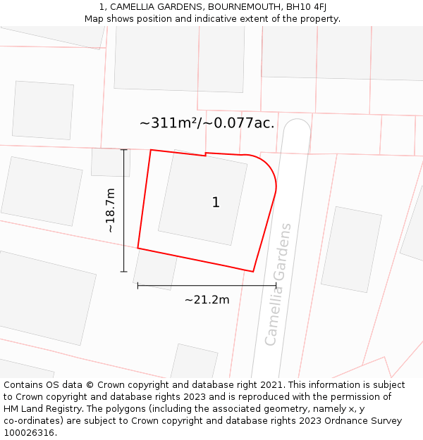 1, CAMELLIA GARDENS, BOURNEMOUTH, BH10 4FJ: Plot and title map