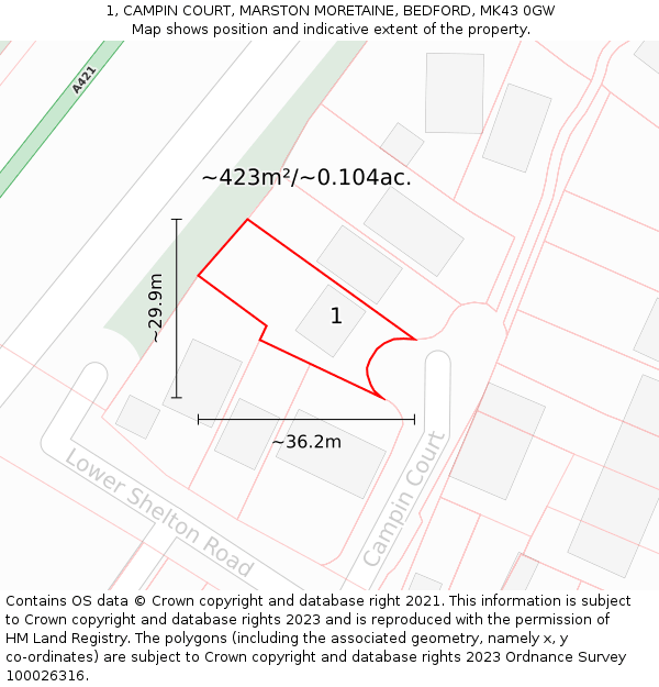 1, CAMPIN COURT, MARSTON MORETAINE, BEDFORD, MK43 0GW: Plot and title map