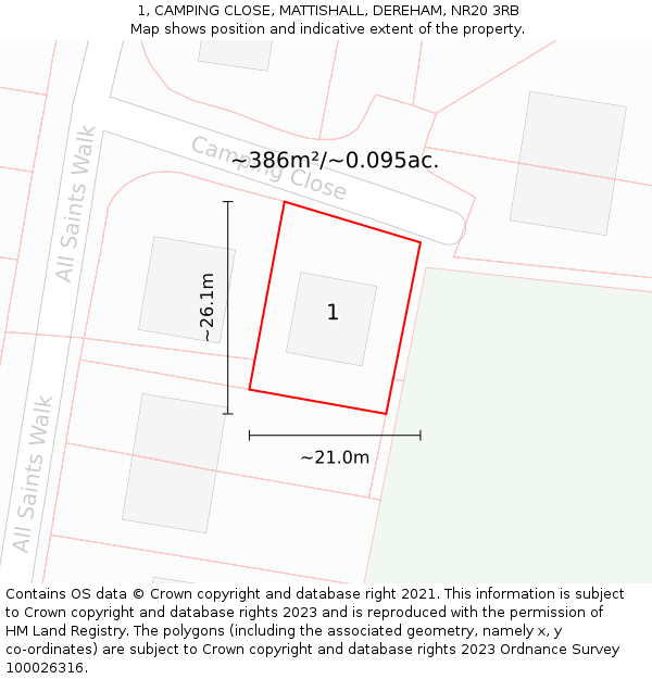 1, CAMPING CLOSE, MATTISHALL, DEREHAM, NR20 3RB: Plot and title map