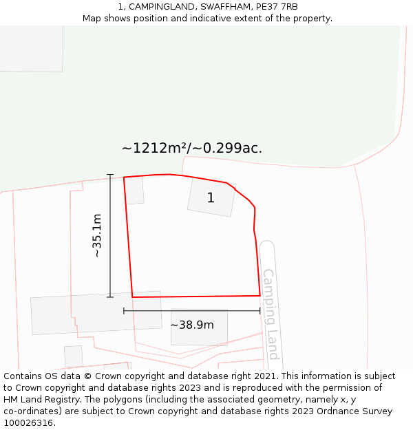 1, CAMPINGLAND, SWAFFHAM, PE37 7RB: Plot and title map
