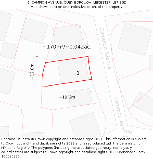 1, CAMPION AVENUE, QUENIBOROUGH, LEICESTER, LE7 3GD: Plot and title map