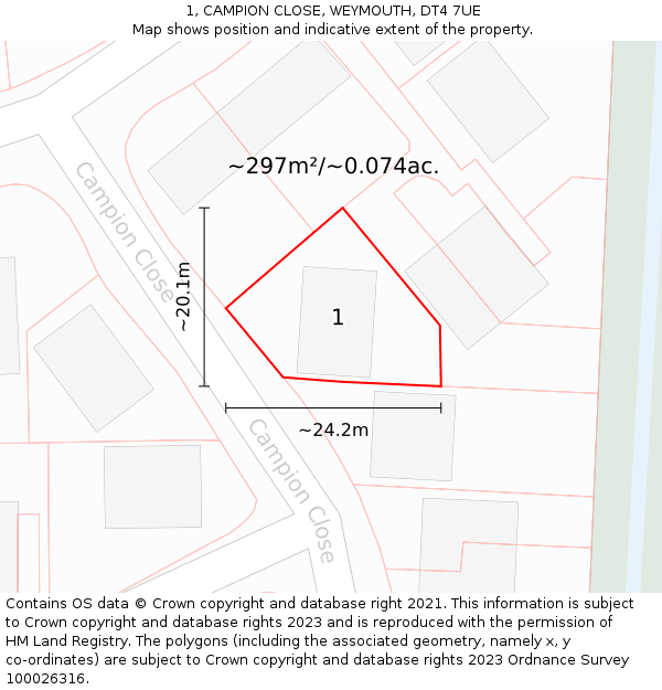 1, CAMPION CLOSE, WEYMOUTH, DT4 7UE: Plot and title map