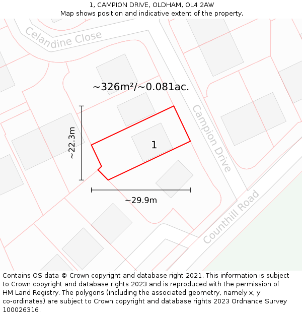 1, CAMPION DRIVE, OLDHAM, OL4 2AW: Plot and title map