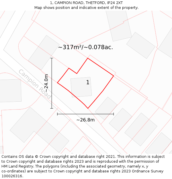 1, CAMPION ROAD, THETFORD, IP24 2XT: Plot and title map