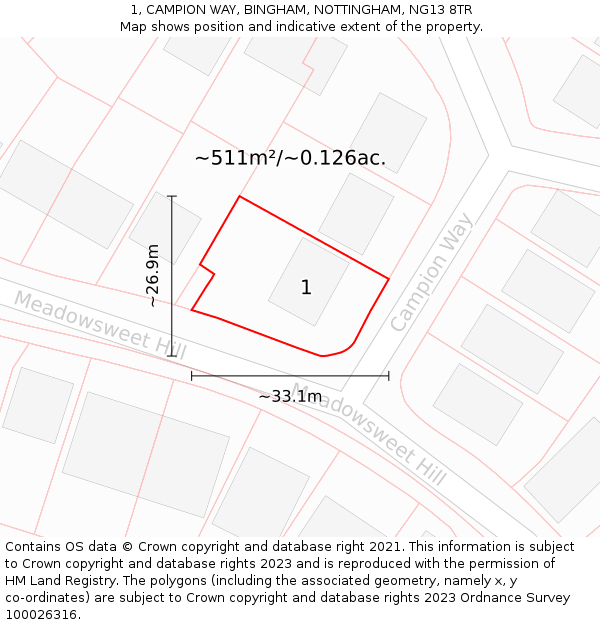 1, CAMPION WAY, BINGHAM, NOTTINGHAM, NG13 8TR: Plot and title map