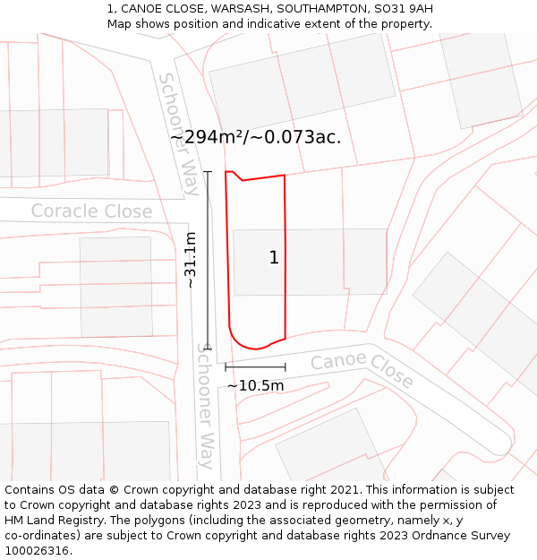 1, CANOE CLOSE, WARSASH, SOUTHAMPTON, SO31 9AH: Plot and title map