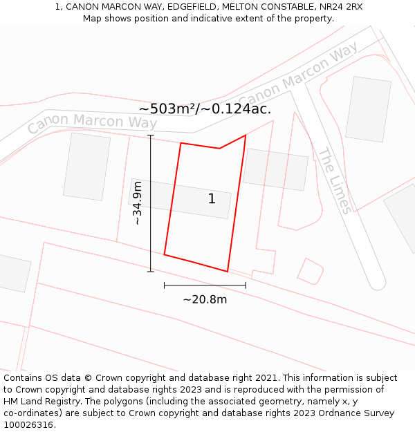 1, CANON MARCON WAY, EDGEFIELD, MELTON CONSTABLE, NR24 2RX: Plot and title map