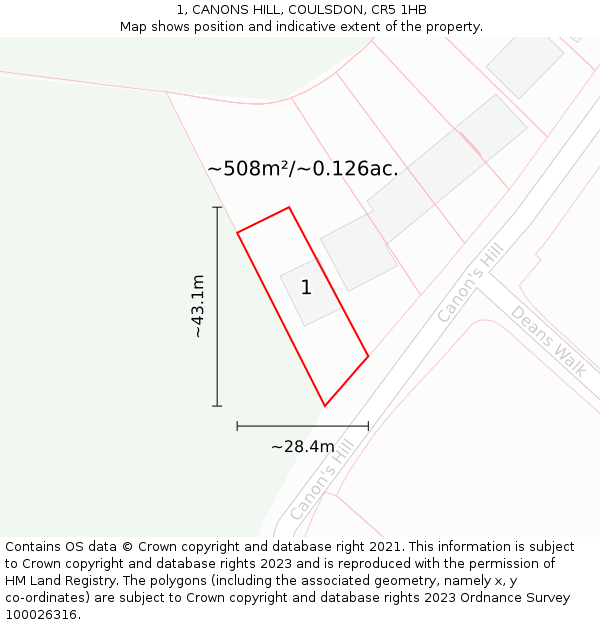 1, CANONS HILL, COULSDON, CR5 1HB: Plot and title map