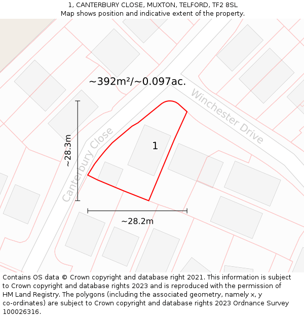 1, CANTERBURY CLOSE, MUXTON, TELFORD, TF2 8SL: Plot and title map