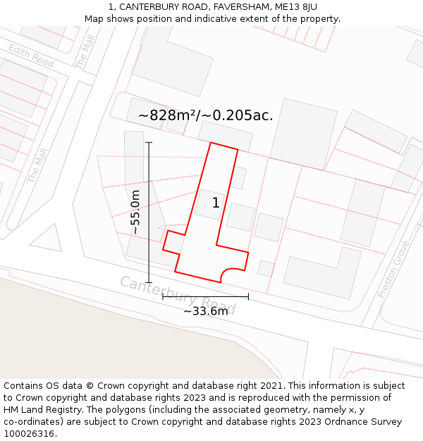 1, CANTERBURY ROAD, FAVERSHAM, ME13 8JU: Plot and title map