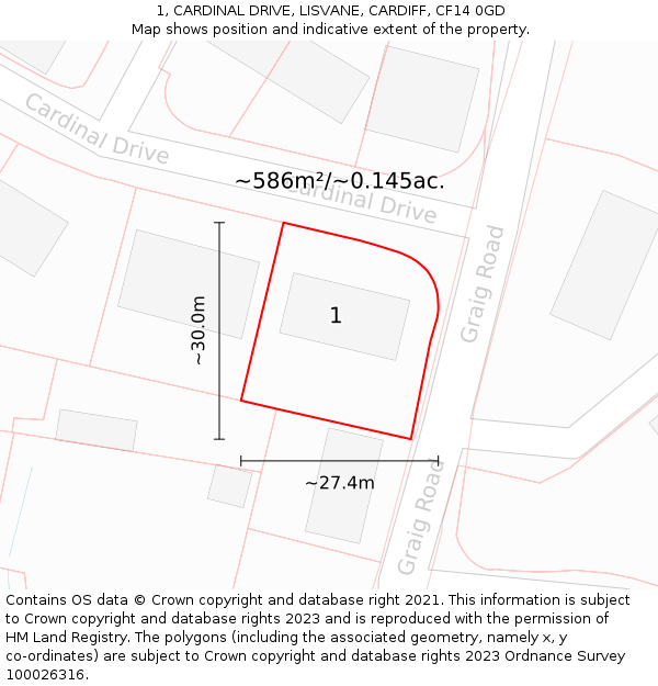 1, CARDINAL DRIVE, LISVANE, CARDIFF, CF14 0GD: Plot and title map