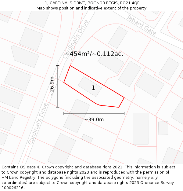 1, CARDINALS DRIVE, BOGNOR REGIS, PO21 4QF: Plot and title map