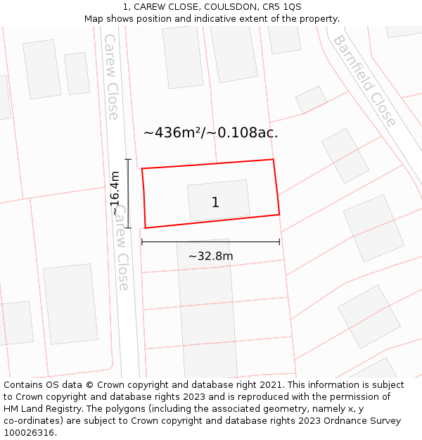 1, CAREW CLOSE, COULSDON, CR5 1QS: Plot and title map