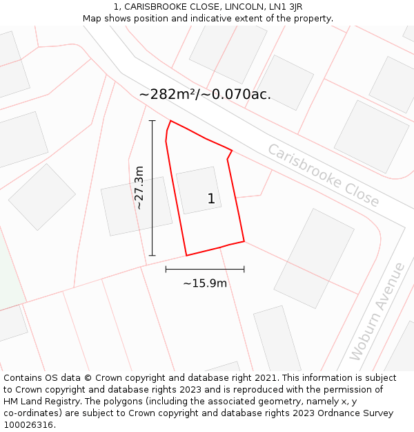 1, CARISBROOKE CLOSE, LINCOLN, LN1 3JR: Plot and title map