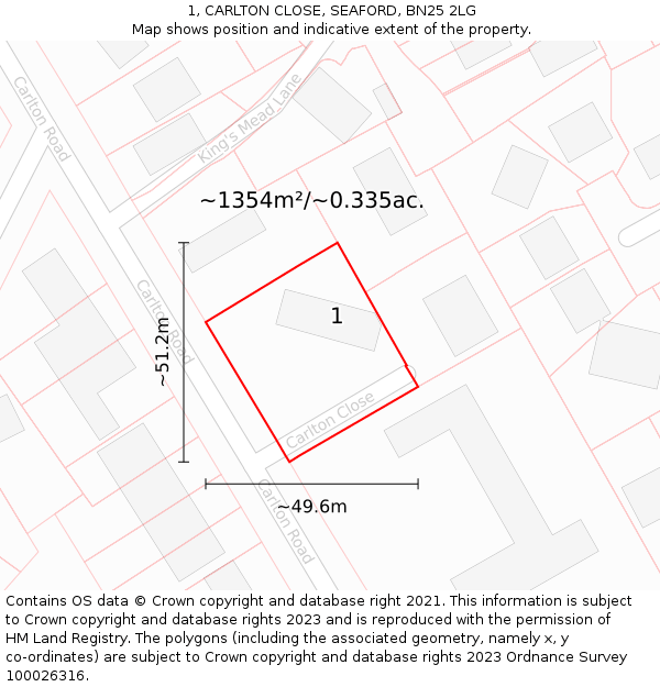 1, CARLTON CLOSE, SEAFORD, BN25 2LG: Plot and title map