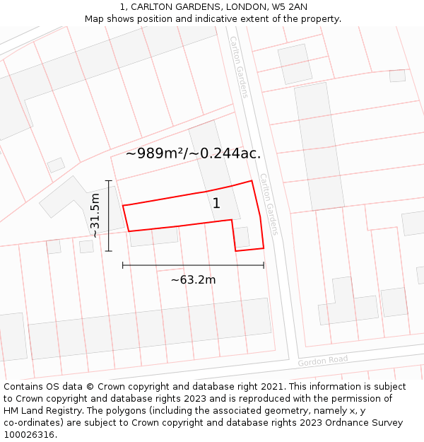 1, CARLTON GARDENS, LONDON, W5 2AN: Plot and title map