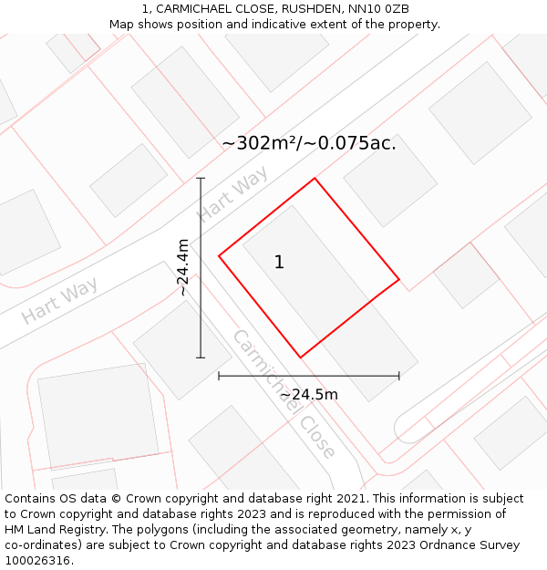 1, CARMICHAEL CLOSE, RUSHDEN, NN10 0ZB: Plot and title map