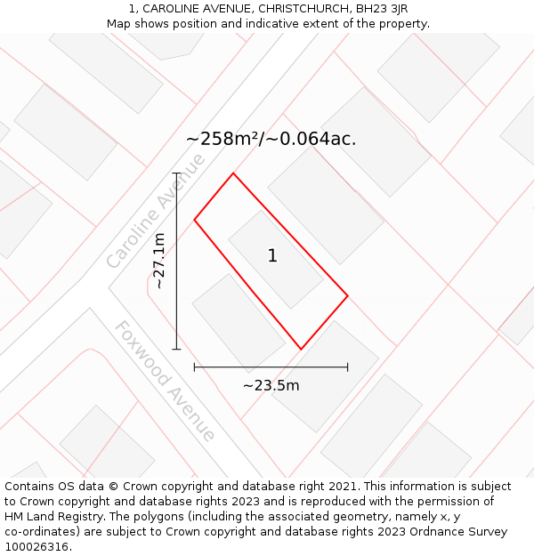 1, CAROLINE AVENUE, CHRISTCHURCH, BH23 3JR: Plot and title map