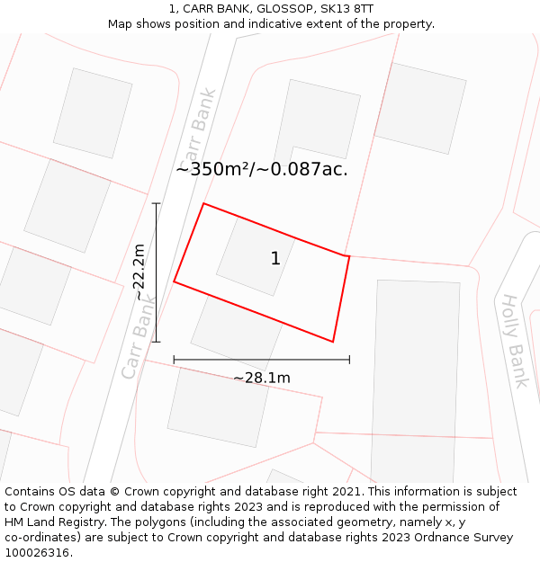 1, CARR BANK, GLOSSOP, SK13 8TT: Plot and title map