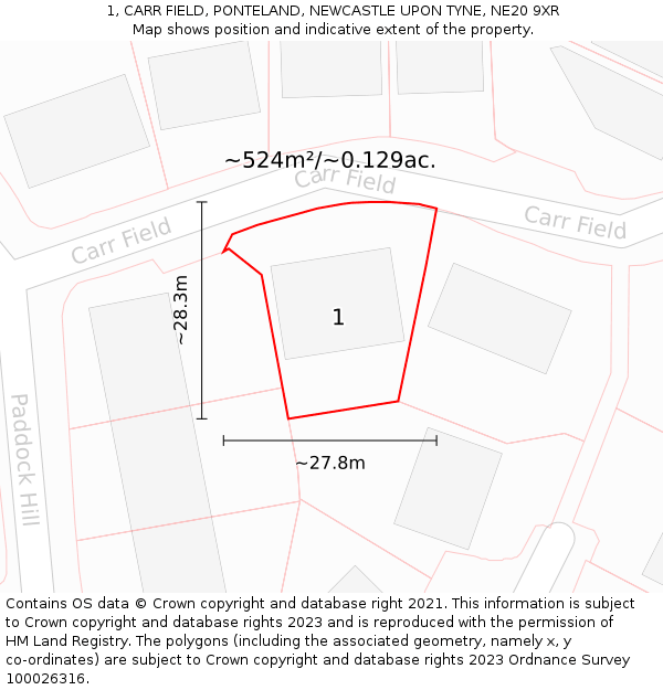 1, CARR FIELD, PONTELAND, NEWCASTLE UPON TYNE, NE20 9XR: Plot and title map