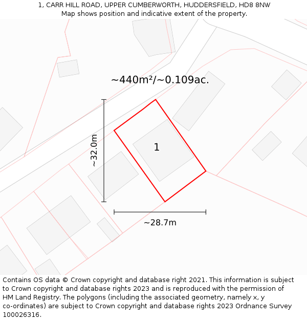 1, CARR HILL ROAD, UPPER CUMBERWORTH, HUDDERSFIELD, HD8 8NW: Plot and title map