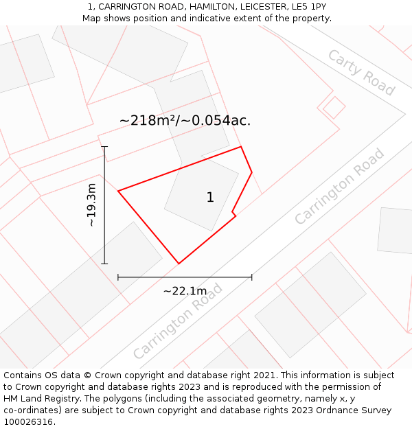 1, CARRINGTON ROAD, HAMILTON, LEICESTER, LE5 1PY: Plot and title map