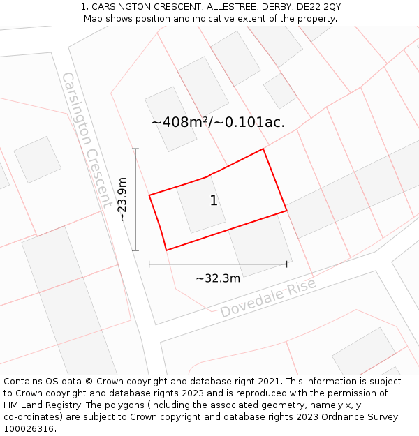 1, CARSINGTON CRESCENT, ALLESTREE, DERBY, DE22 2QY: Plot and title map