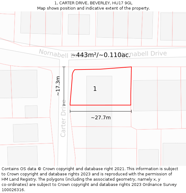 1, CARTER DRIVE, BEVERLEY, HU17 9GL: Plot and title map