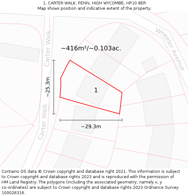 1, CARTER WALK, PENN, HIGH WYCOMBE, HP10 8ER: Plot and title map