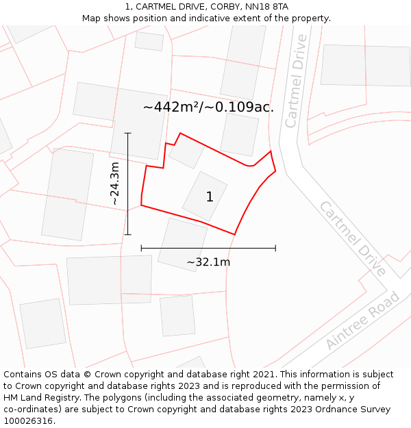 1, CARTMEL DRIVE, CORBY, NN18 8TA: Plot and title map