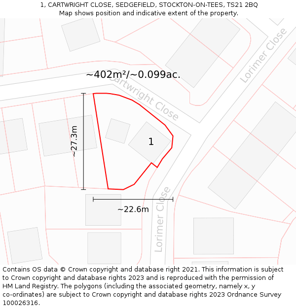 1, CARTWRIGHT CLOSE, SEDGEFIELD, STOCKTON-ON-TEES, TS21 2BQ: Plot and title map