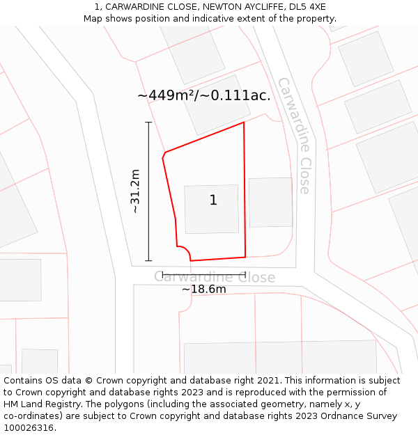 1, CARWARDINE CLOSE, NEWTON AYCLIFFE, DL5 4XE: Plot and title map