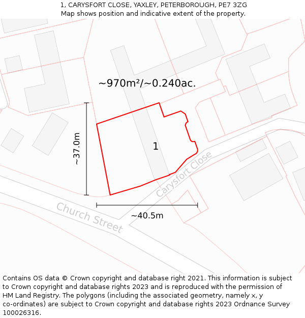 1, CARYSFORT CLOSE, YAXLEY, PETERBOROUGH, PE7 3ZG: Plot and title map