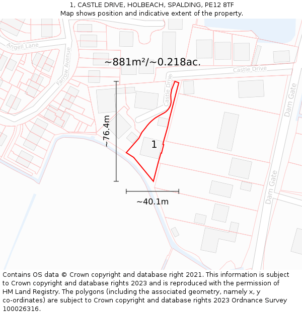 1, CASTLE DRIVE, HOLBEACH, SPALDING, PE12 8TF: Plot and title map
