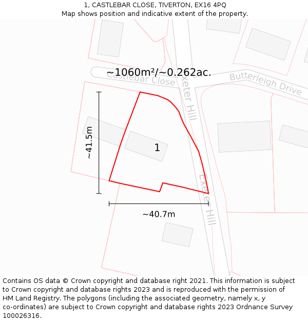 1, CASTLEBAR CLOSE, TIVERTON, EX16 4PQ: Plot and title map