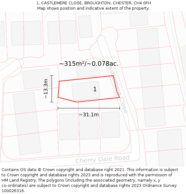 1, CASTLEMERE CLOSE, BROUGHTON, CHESTER, CH4 0FH: Plot and title map