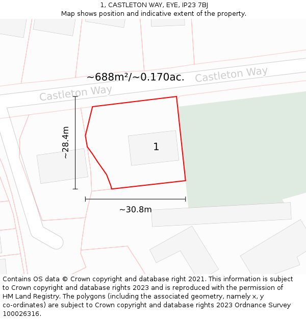 1, CASTLETON WAY, EYE, IP23 7BJ: Plot and title map