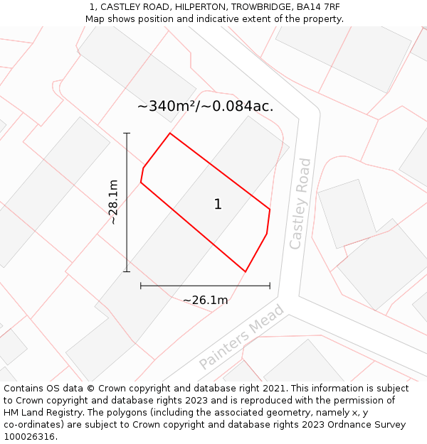 1, CASTLEY ROAD, HILPERTON, TROWBRIDGE, BA14 7RF: Plot and title map