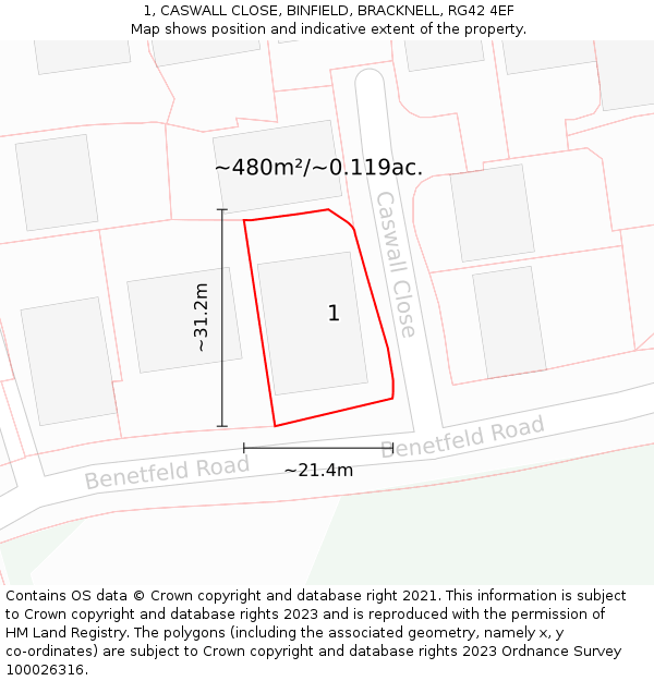 1, CASWALL CLOSE, BINFIELD, BRACKNELL, RG42 4EF: Plot and title map