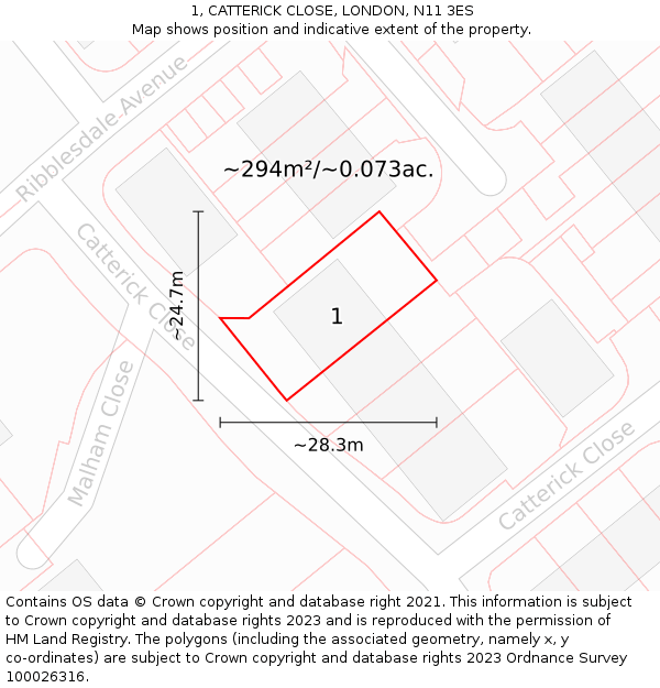 1, CATTERICK CLOSE, LONDON, N11 3ES: Plot and title map